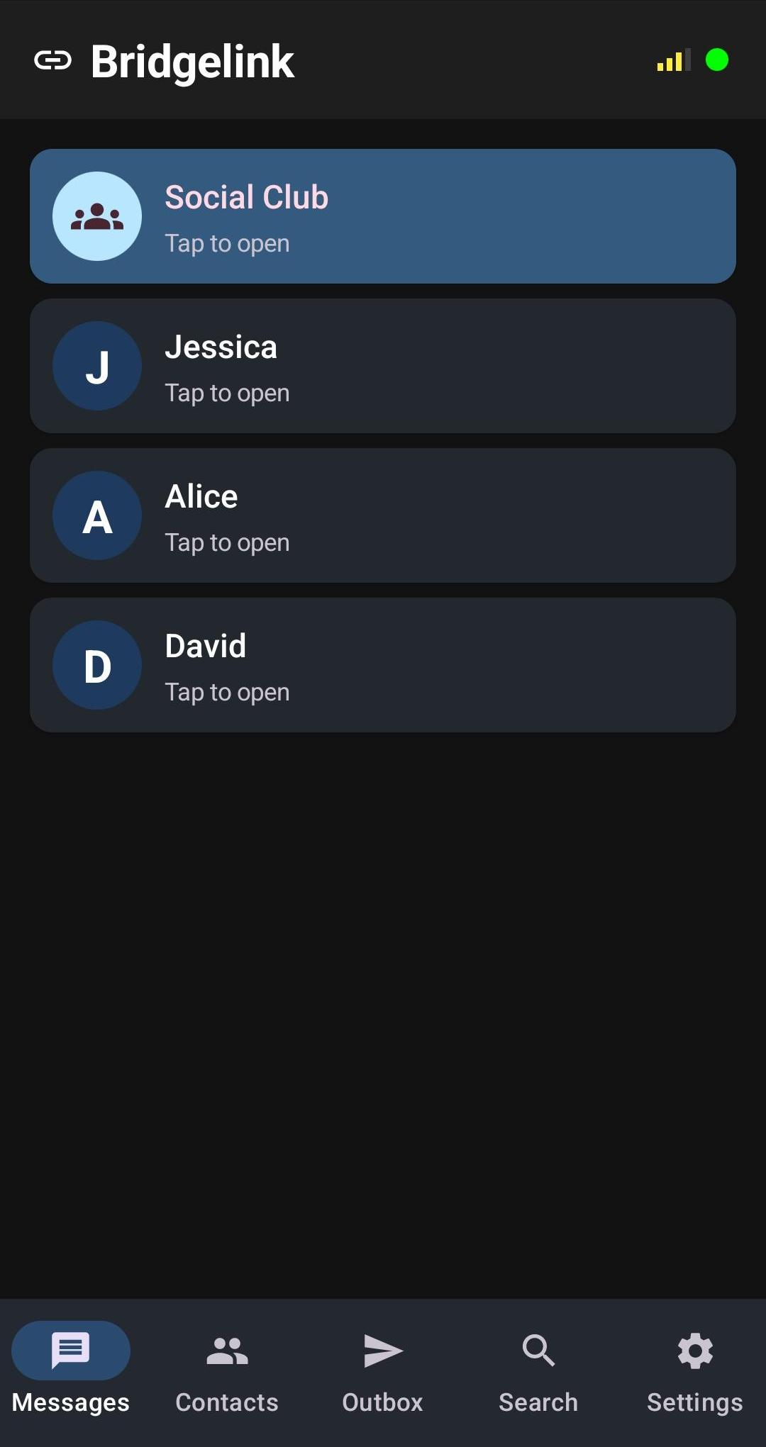 Bridgelink home screen - dark mode
