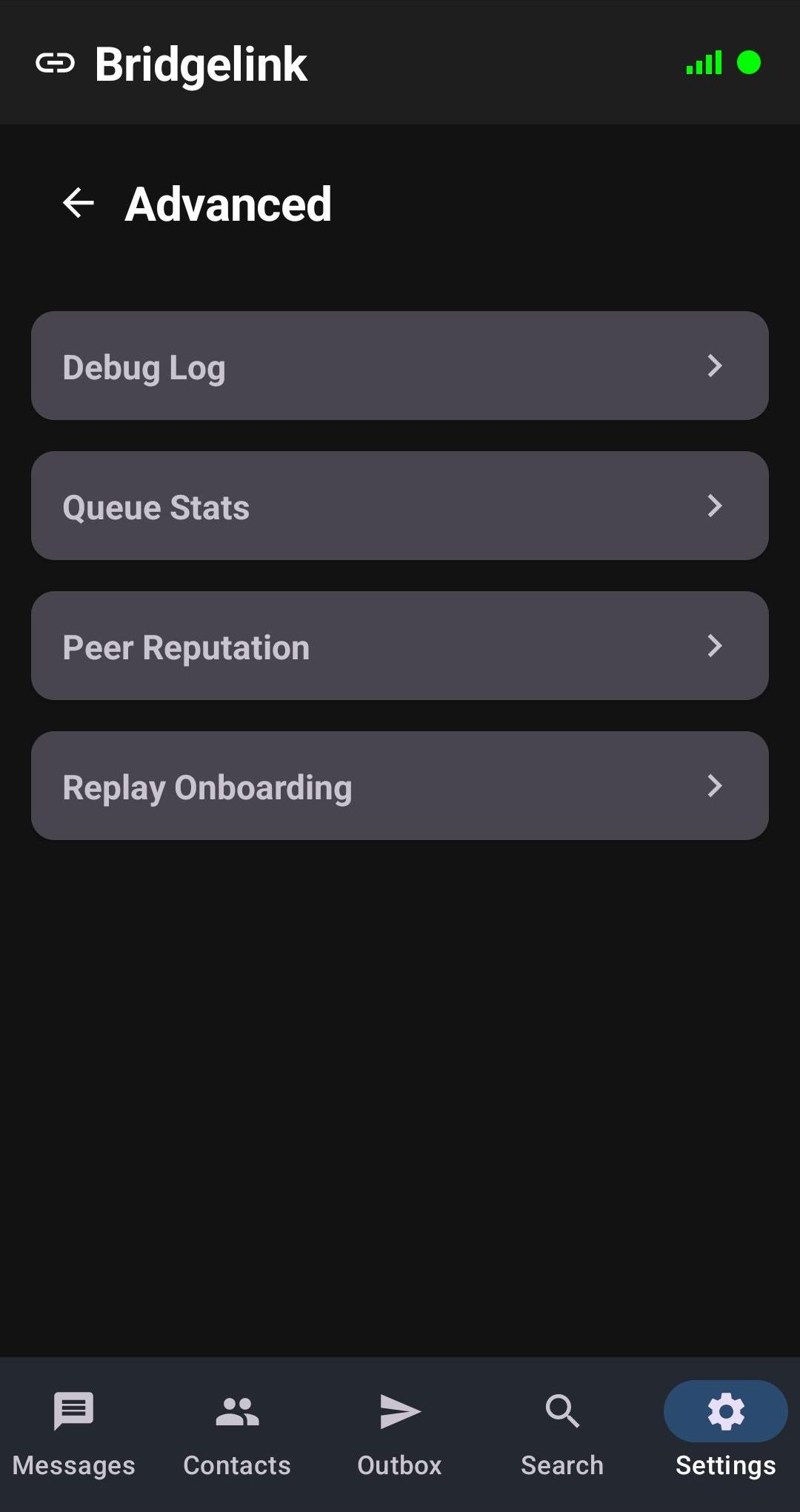 Advanced settings screen - dark mode