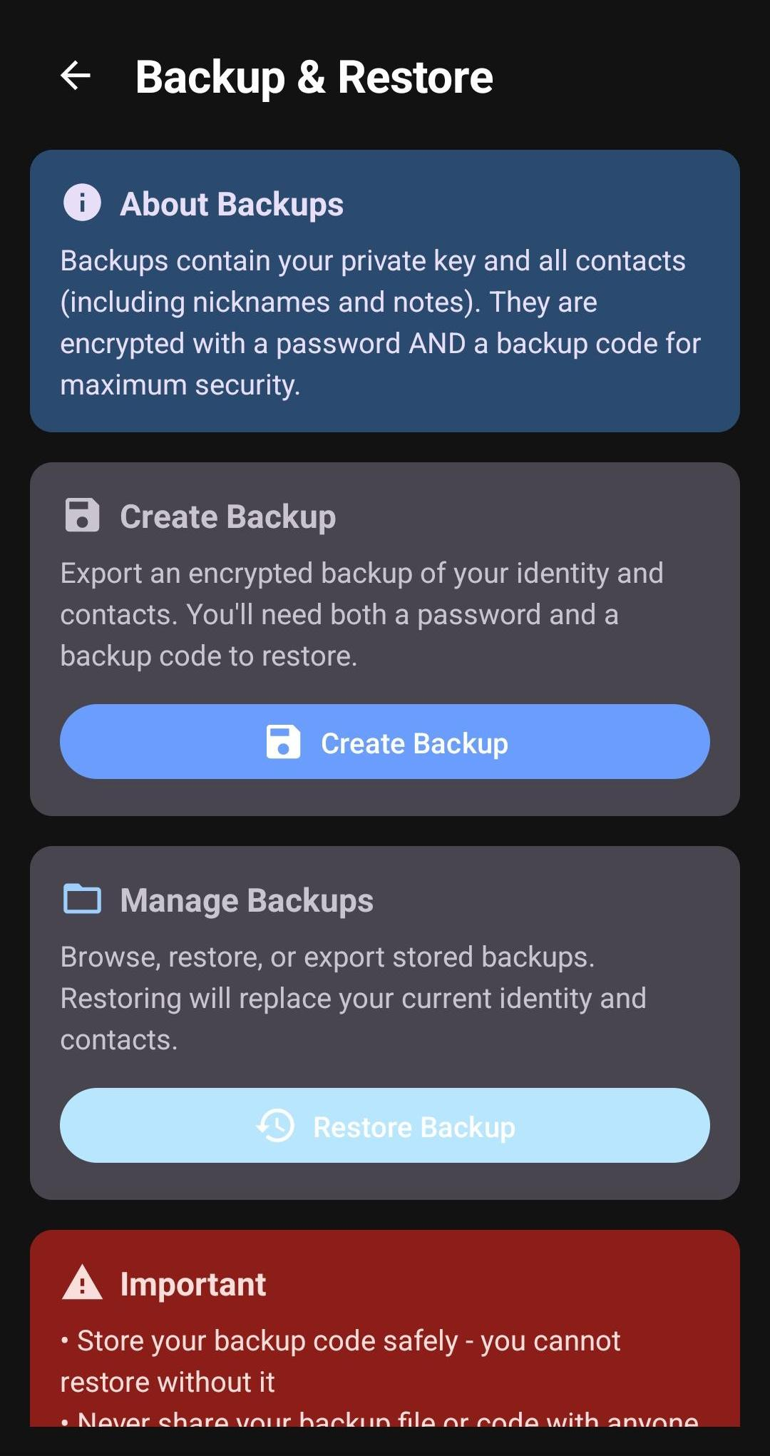 Backup and restore screen - dark mode