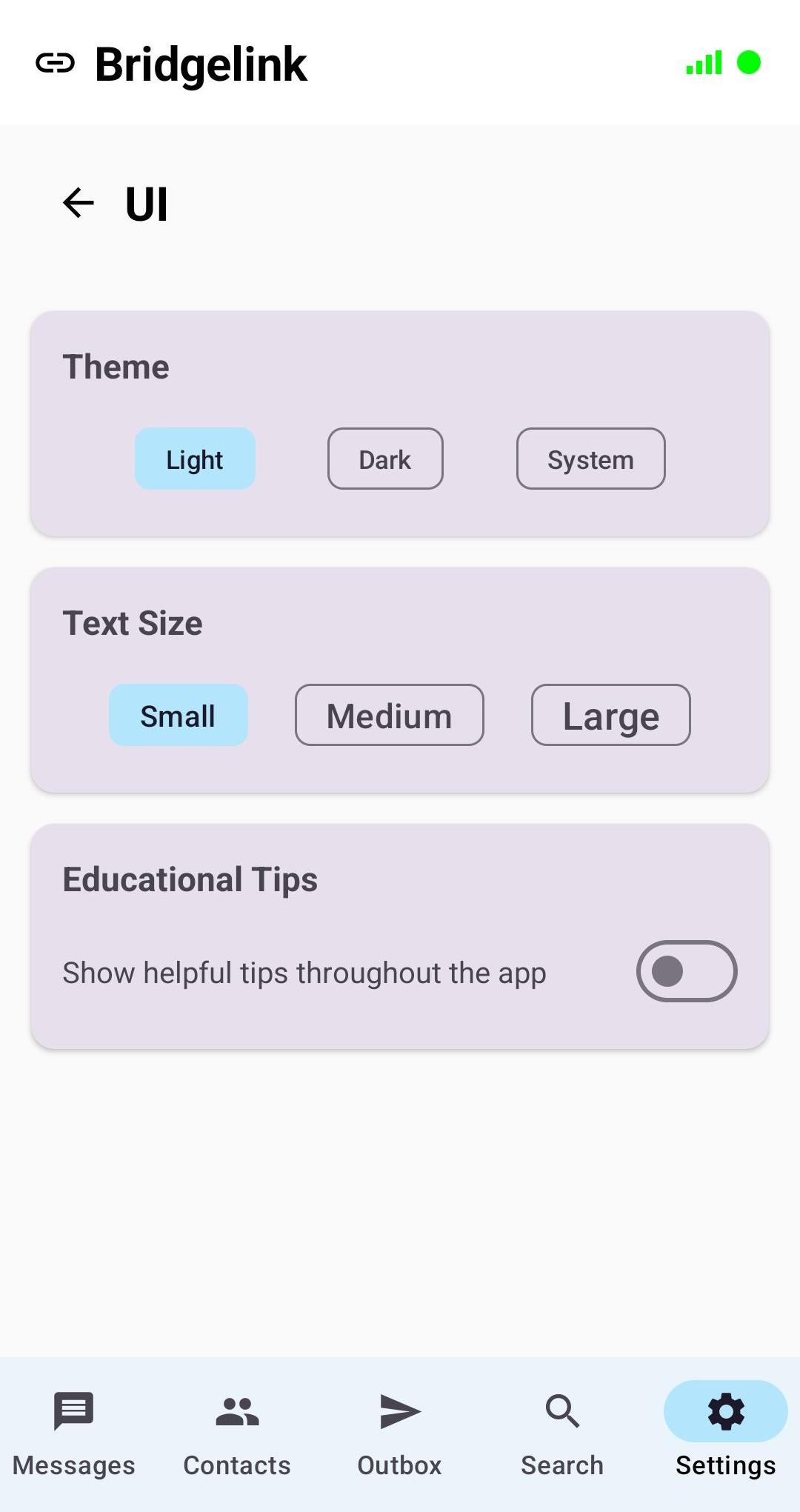 UI settings screen - light mode